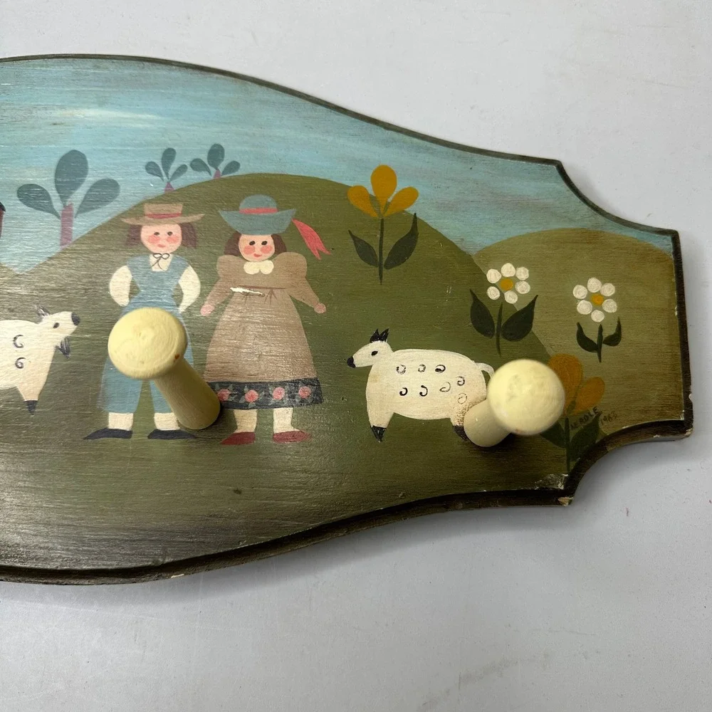 Vintage 1963 Folk Art Hand Painted Wood Wall Rack Sheep Pastoral Scene A Erdle